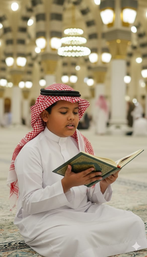 A young boy wearing traditional attire reading the Quran inside a mosque with a peaceful background.