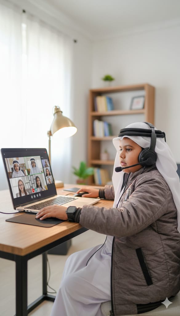 A young boy wearing headphones attending an online class on a computer, sitting at a desk with a lamp and study setup.