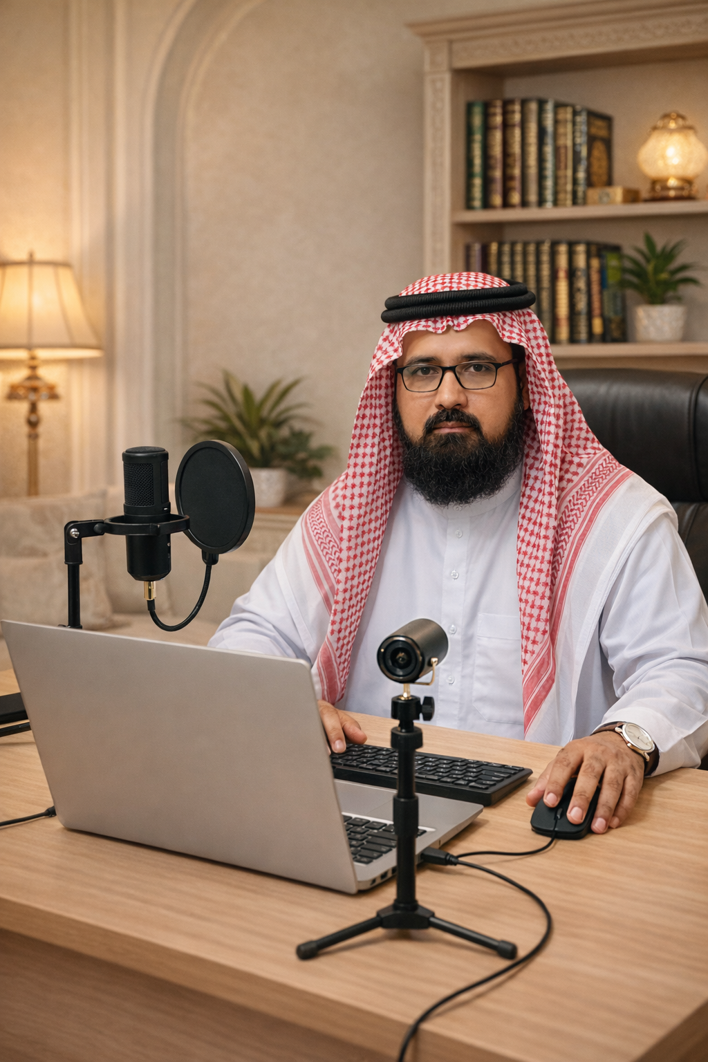 Expert Quran tutor providing live Tajweed and Quran lessons online using a professional digital setup at Al Hussain Academy.