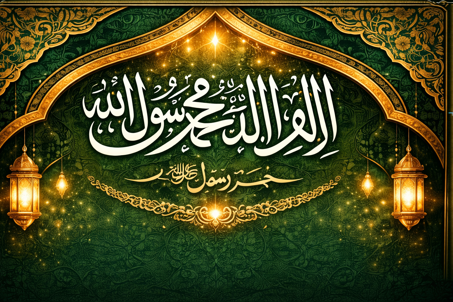 Beautiful Islamic calligraphy on a green background displaying “Allah and Muhammad ﷺ Rasool Allah,” featuring a golden arch design, glowing lights, and hanging lanterns.